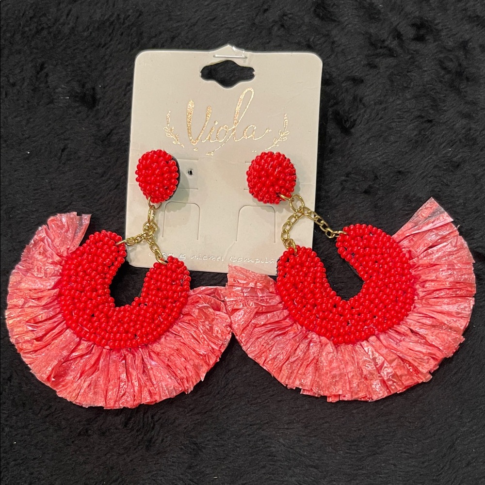 Red and Pink Beaded Fringe Earrings